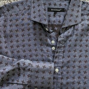 Bogosse Shirt‎ Mens Size 6 (2X) Chambray Blue Brown Geometric Long Sleeve Button